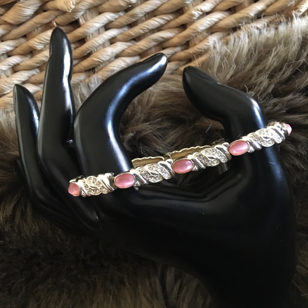 Faceted pink stone silver link rhinestone bracelet